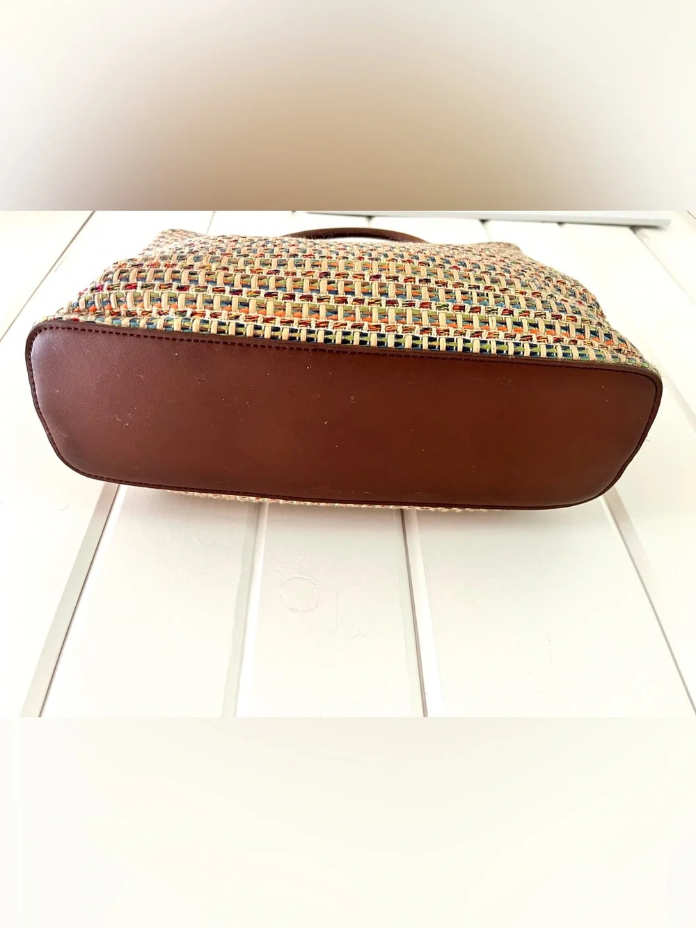 Fossil Vintage Multicolor Woven Straw Tote with Brown Leather Oval Handles